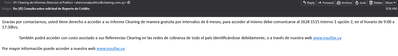 Correo con respuesta de Equifax Uruguay sobre solicitar informe de Clearing