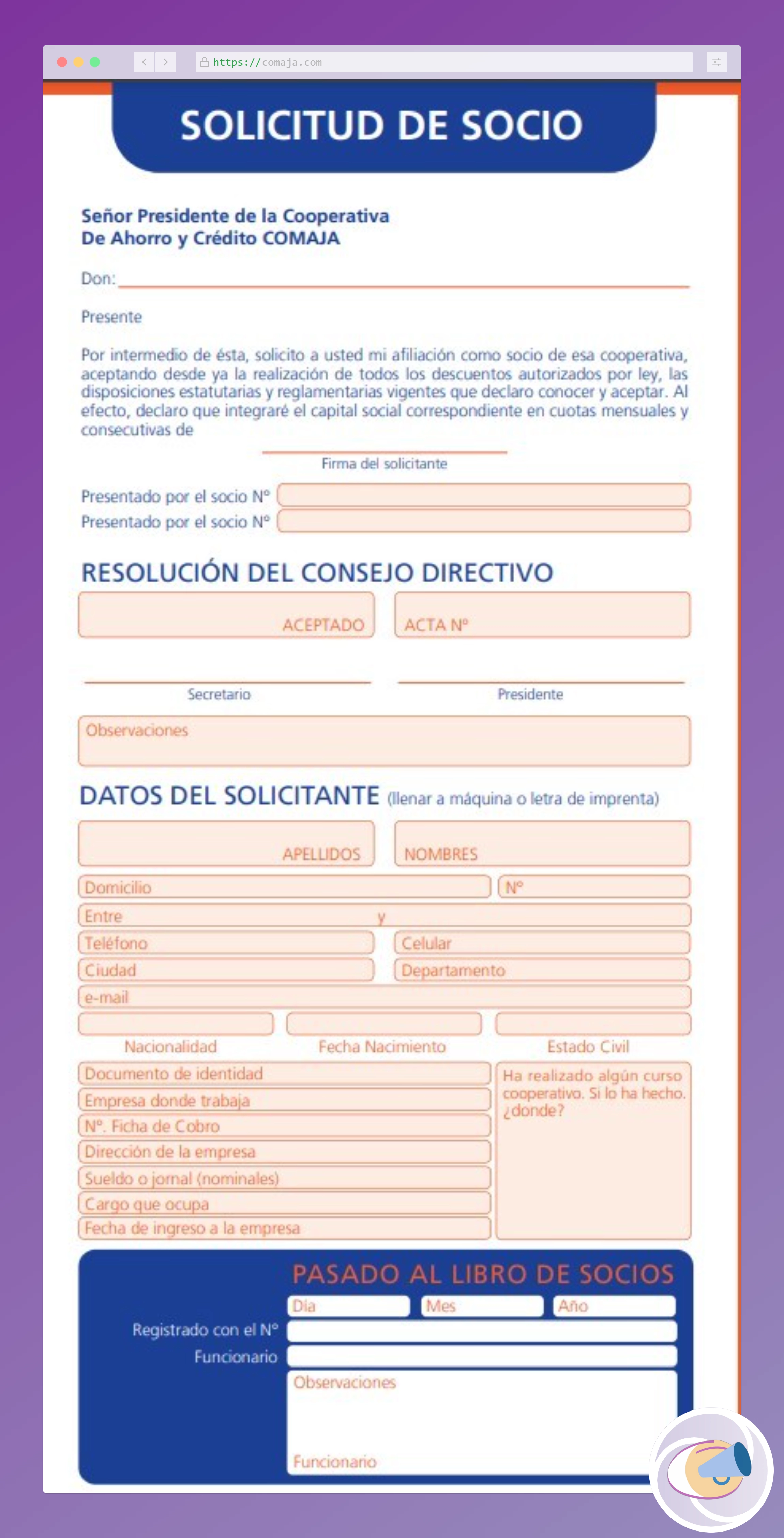Formulario de solicitud de afiliación de la Cooperativa COMAJA.