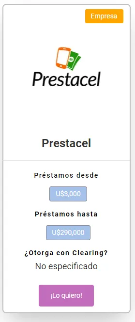 Ficha de Prestacel en el buscador de préstamos de Expertiza.