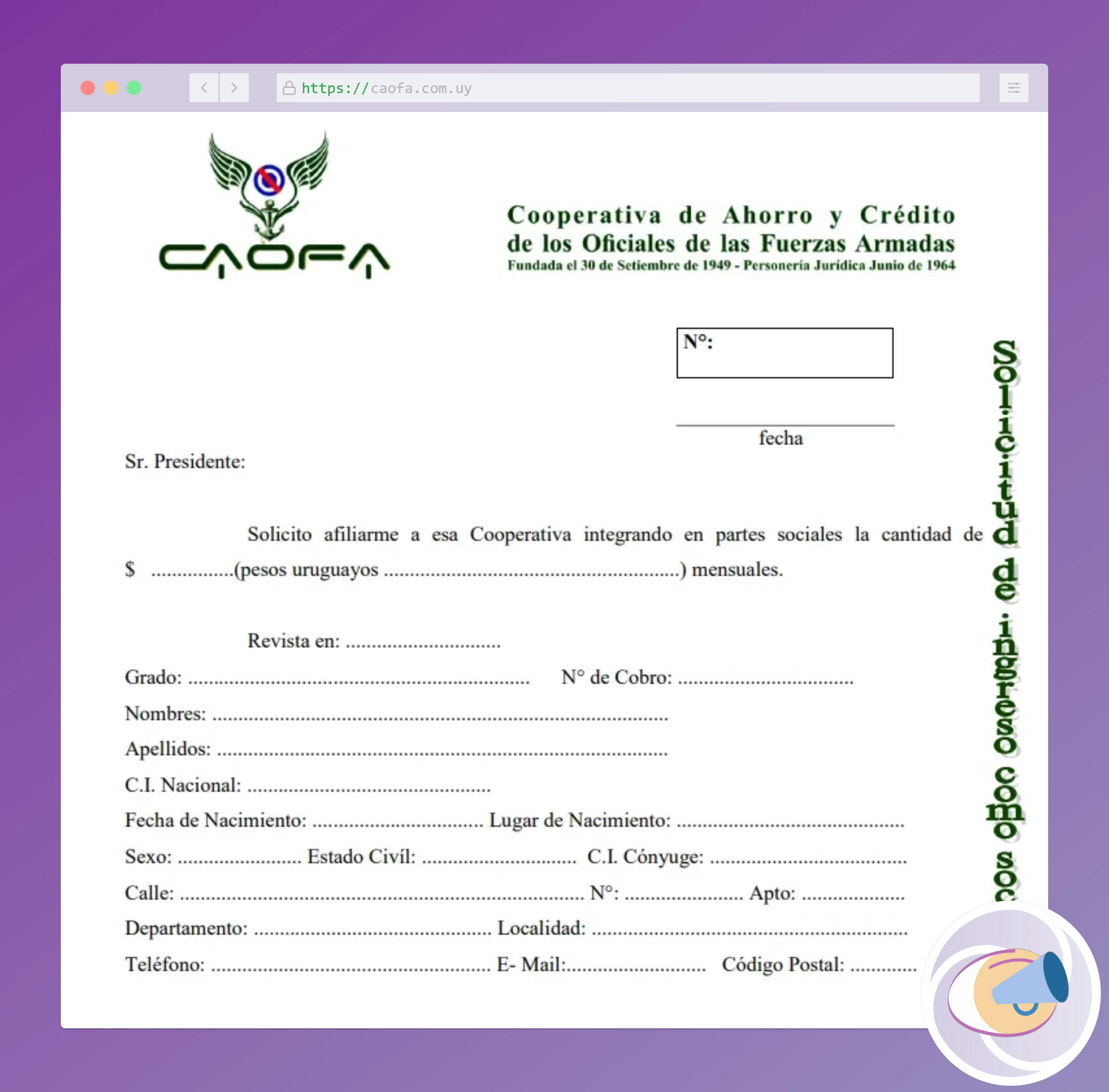 Formulario de afiliación a la Cooperativa CAOFA.