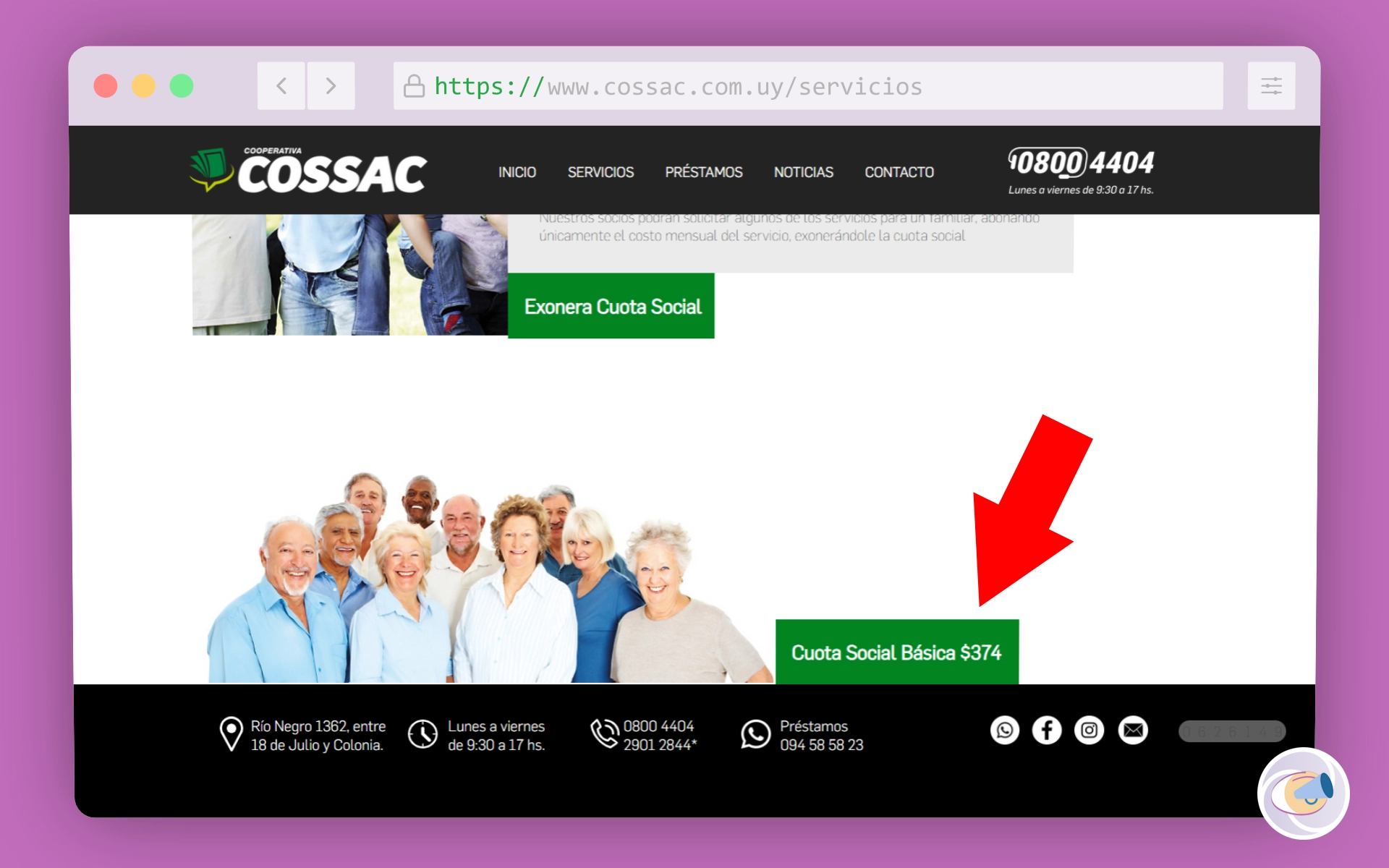 Información sobre el costo de la cuota social en el sitio web de la cooperativa COSSAC.