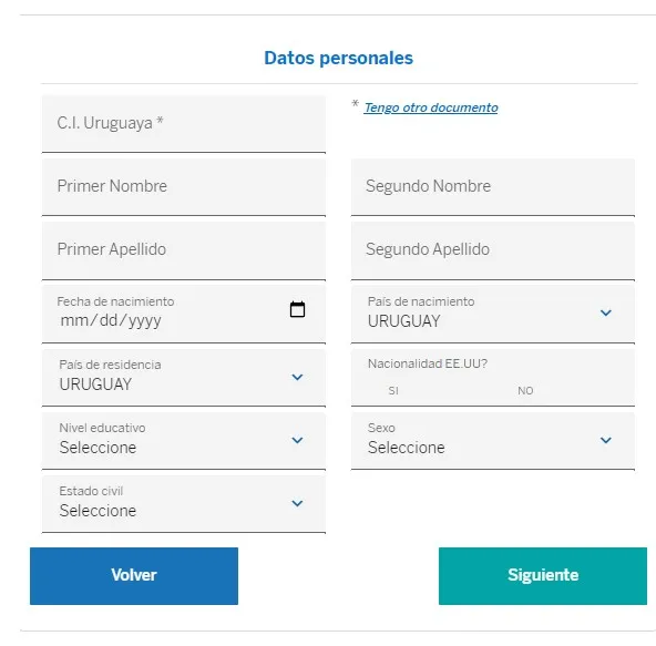 Formulrio de datos personales para abrir cuenta bancaria en el banco BBVA Uruguay