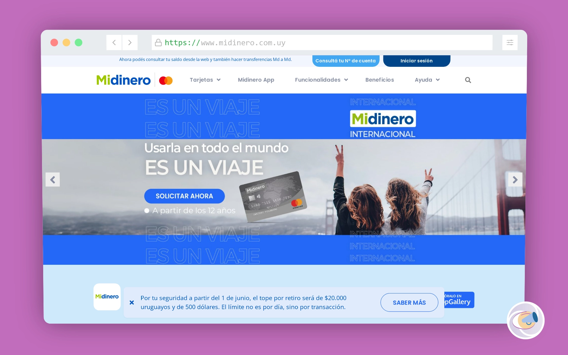 Sitio web tarjeta Mi Dinero.