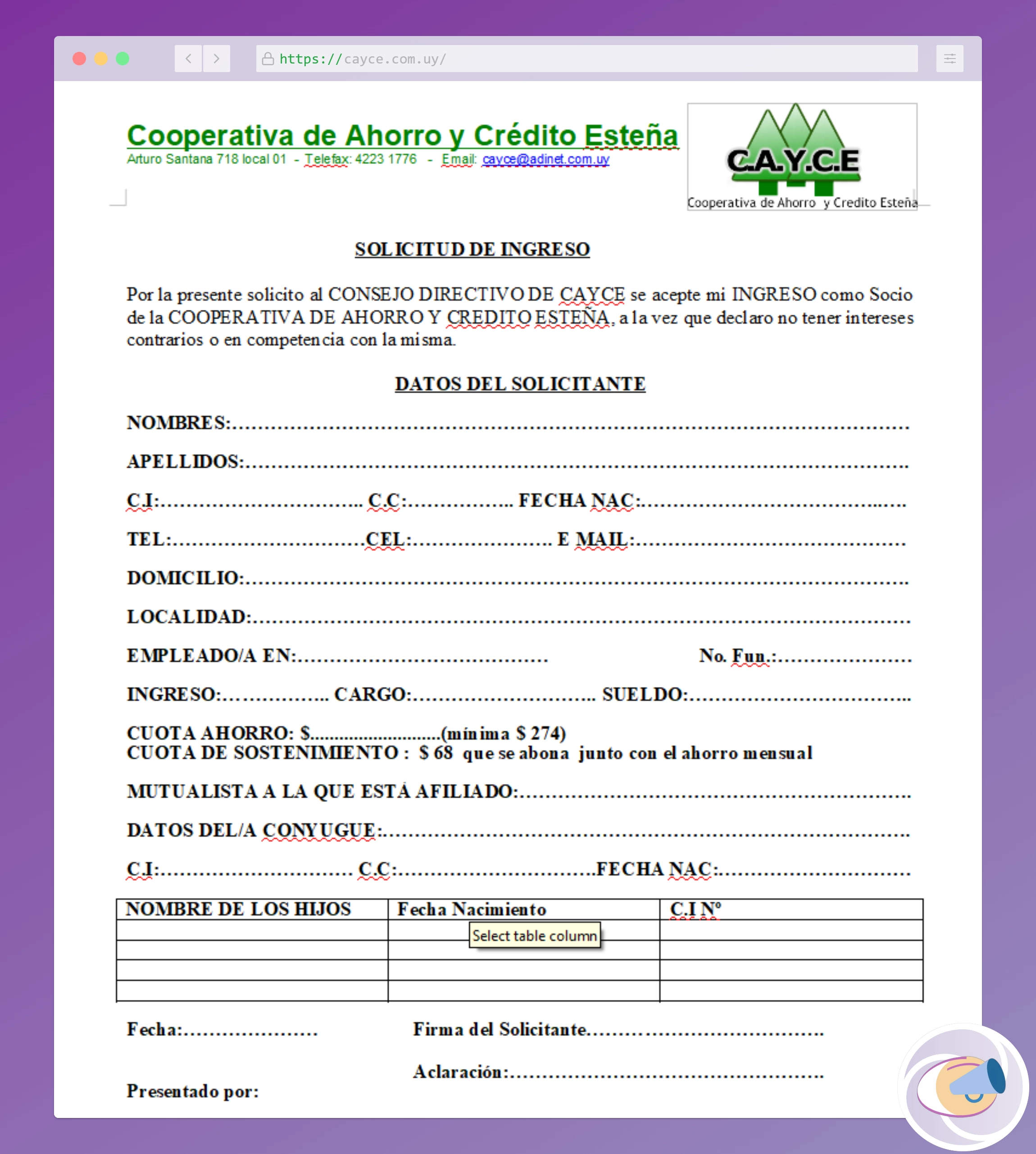 Formulario de afiliación a la Cooperativa CAYCE.