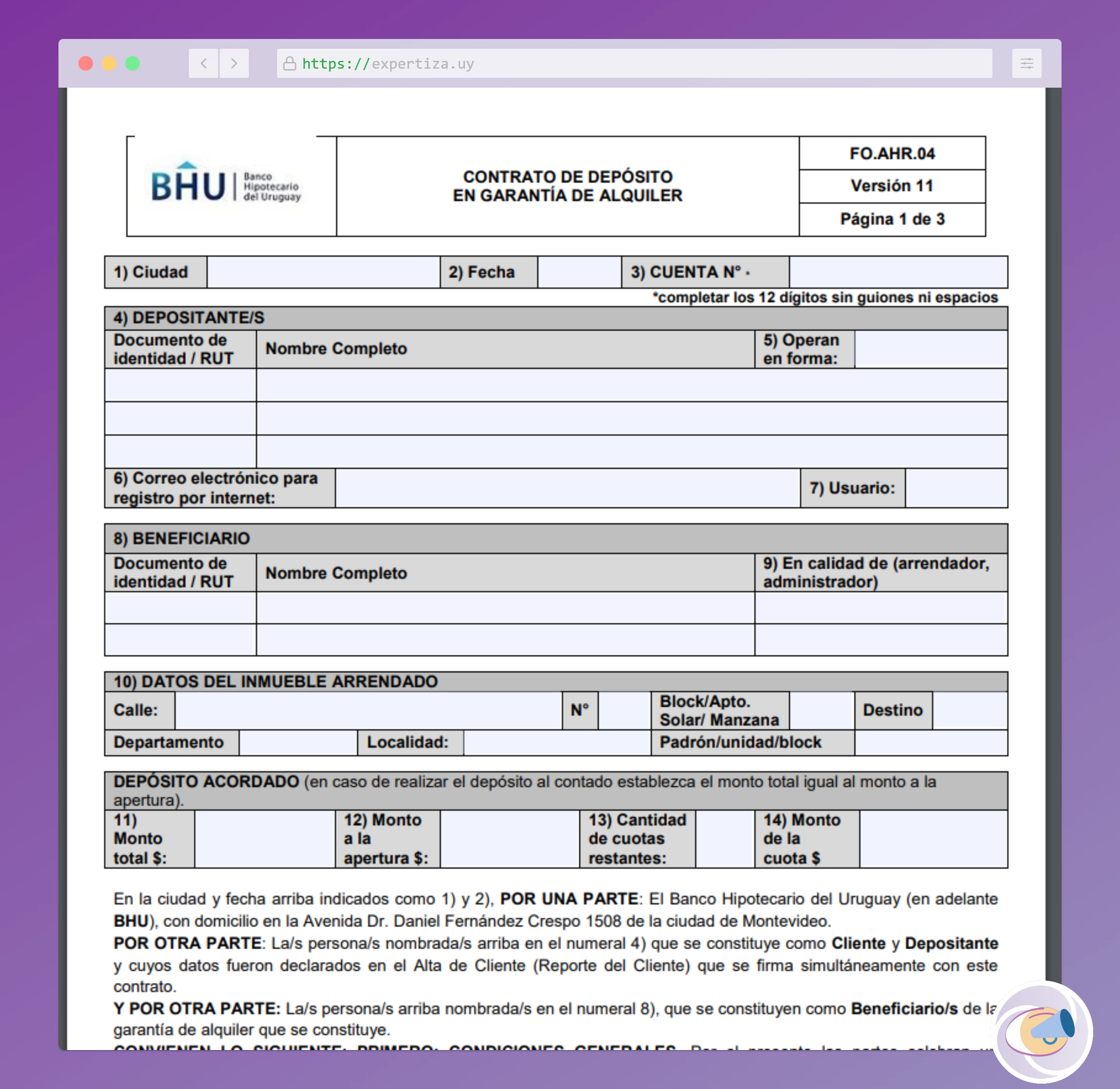 Contrato de depósito de garantía del BHU.