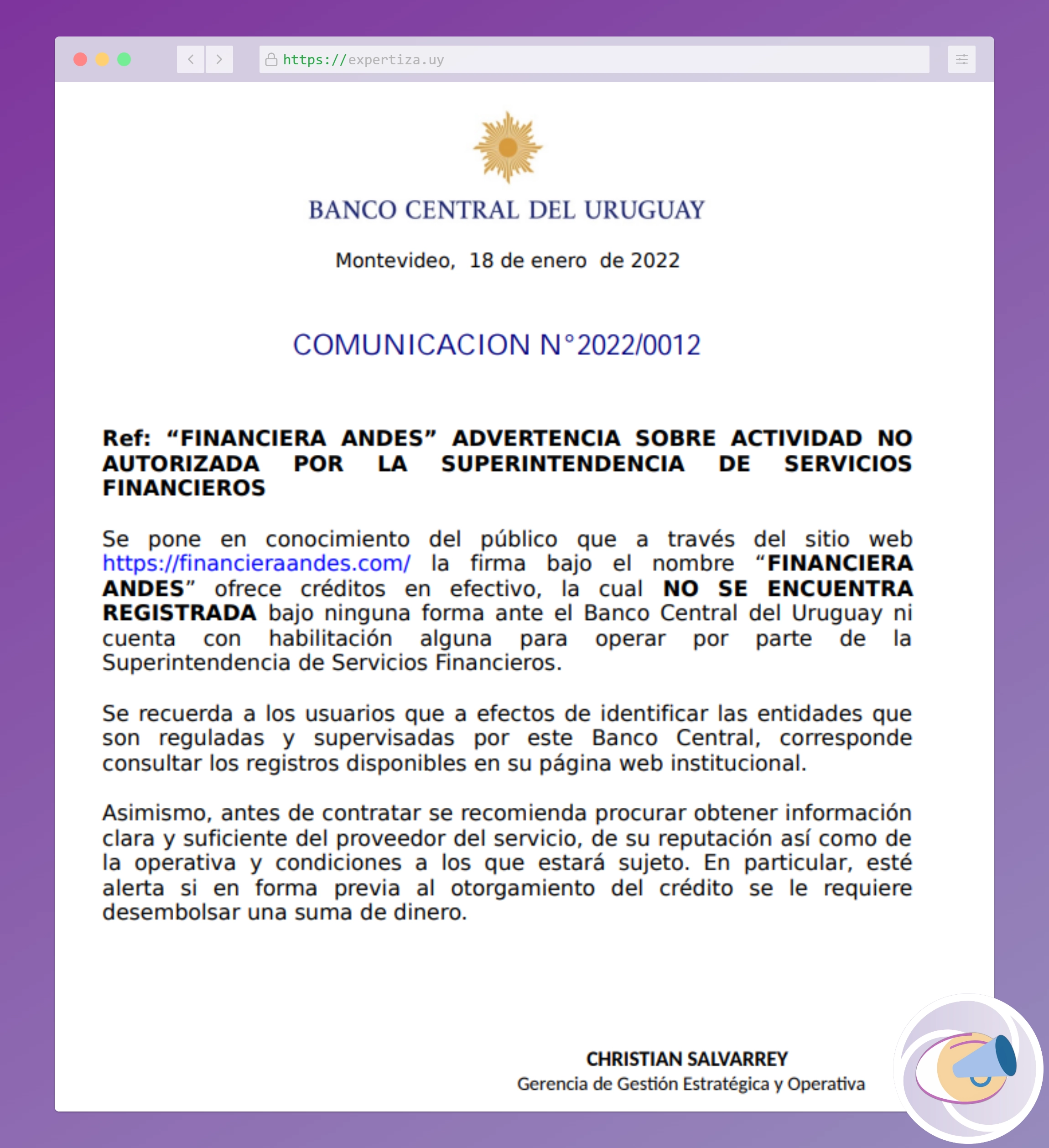 Comunicación del Banco Central del Uruguay sobre actividad no autorizada.