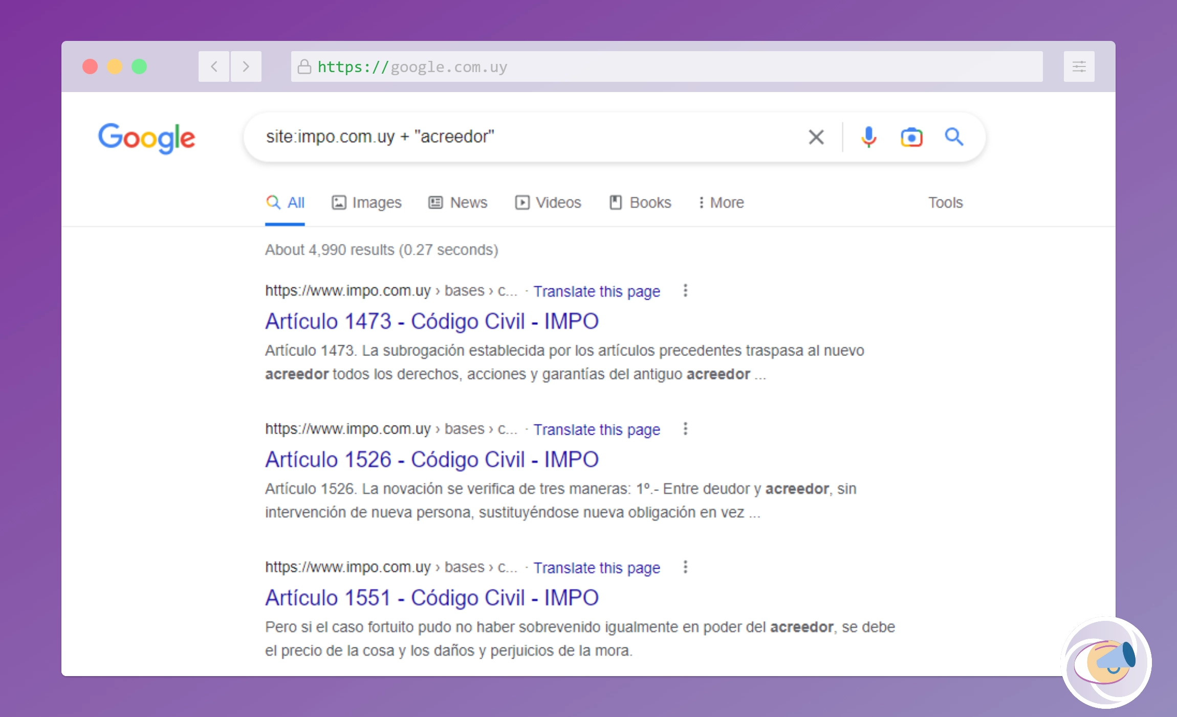 Resultados de búsqueda de la palabra "acreedor" en la página del IMPO, Uruguay.