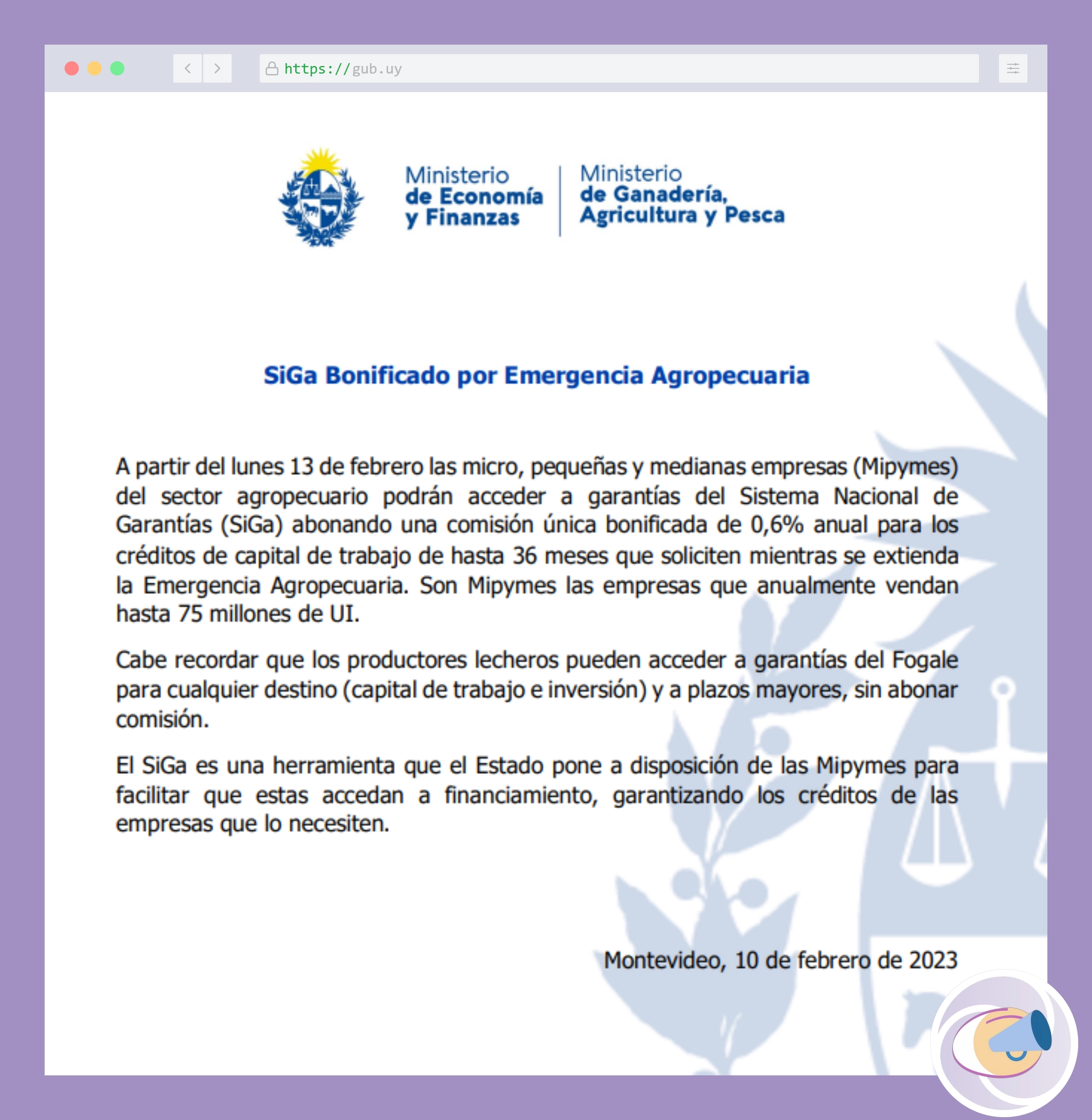 Comunicado oficial del MEF y MGAP por la emergencia agropecuaria 2023.