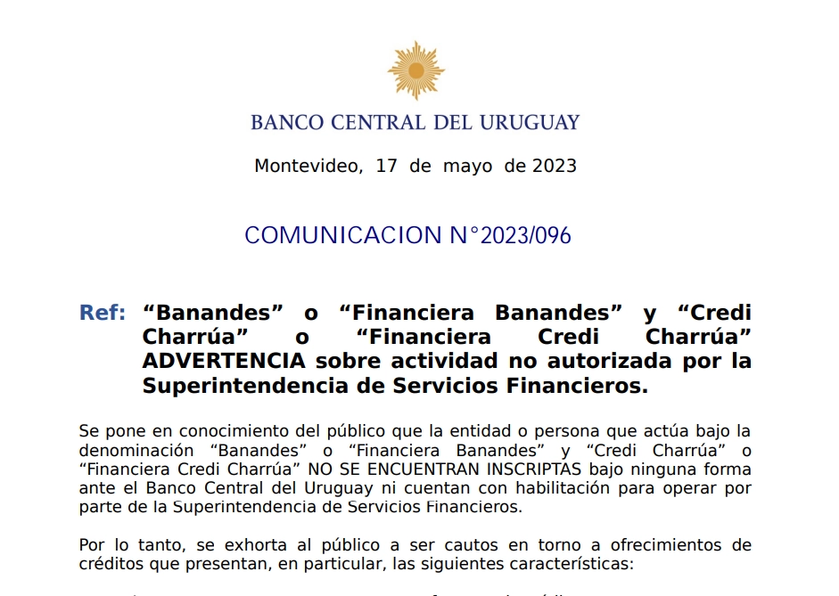 Comunicado oficial del Banco Central del Uruguay sobre Banandes y Credi Charrúa.