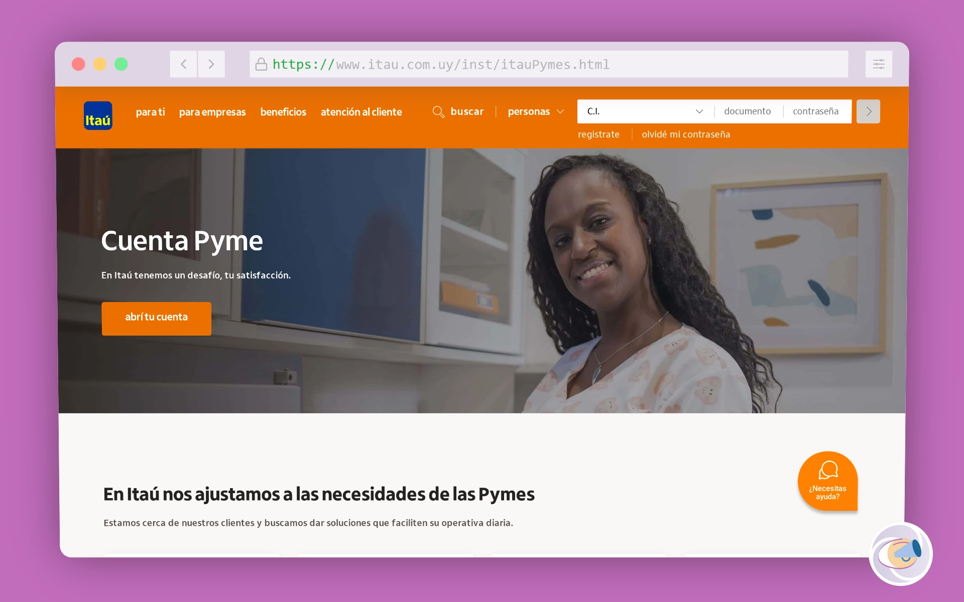 Sitio web del producto Cuenta PYME del Banco Itaú Uruguay.