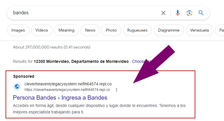 Phishing Banco Bandes de Uruguay. El estafador utiliza Google Ads para promoción una página falsa que intenta robar el nombre de usuario y contraseña de los clientes del banco.