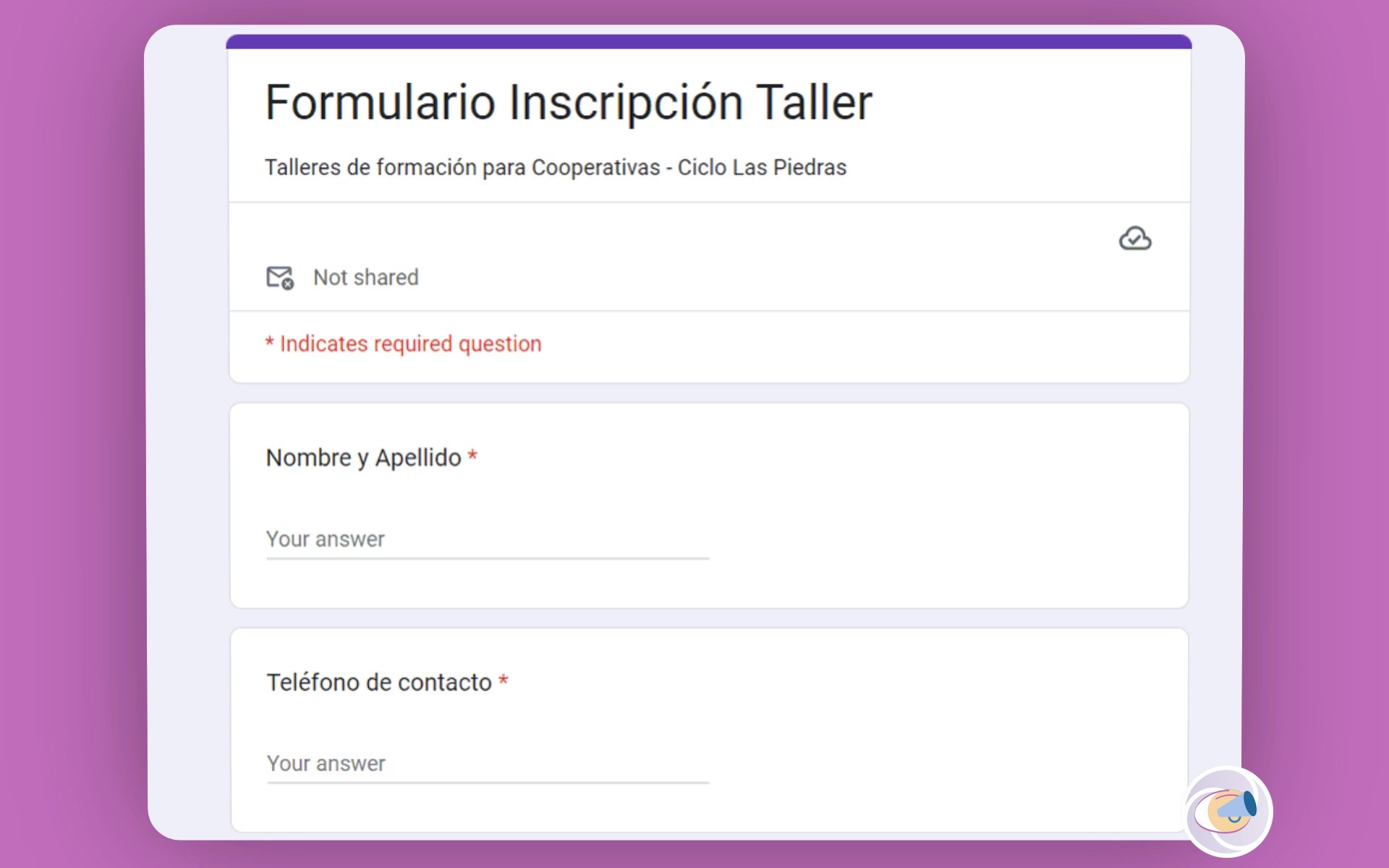 Formulario Inscripción Taller de formación para Cooperativas - Ciclo Las Piedras.