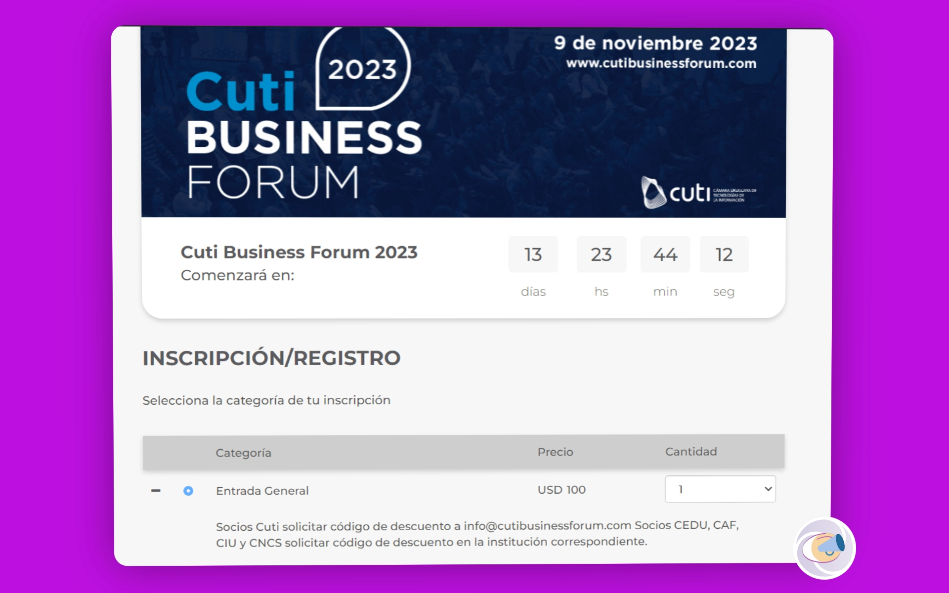 Venta de entradas para el Cuti Business Forum 2023.