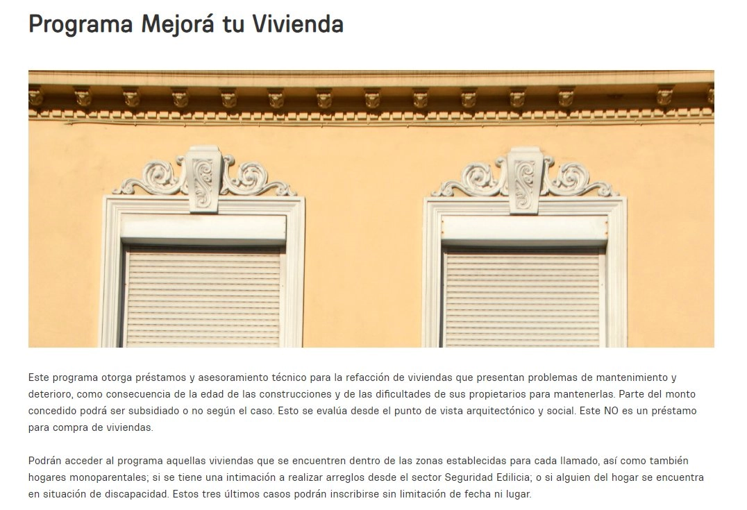 Sitio web del programa «Mejora tu vivienda» de la Intendencia de Montevideo.