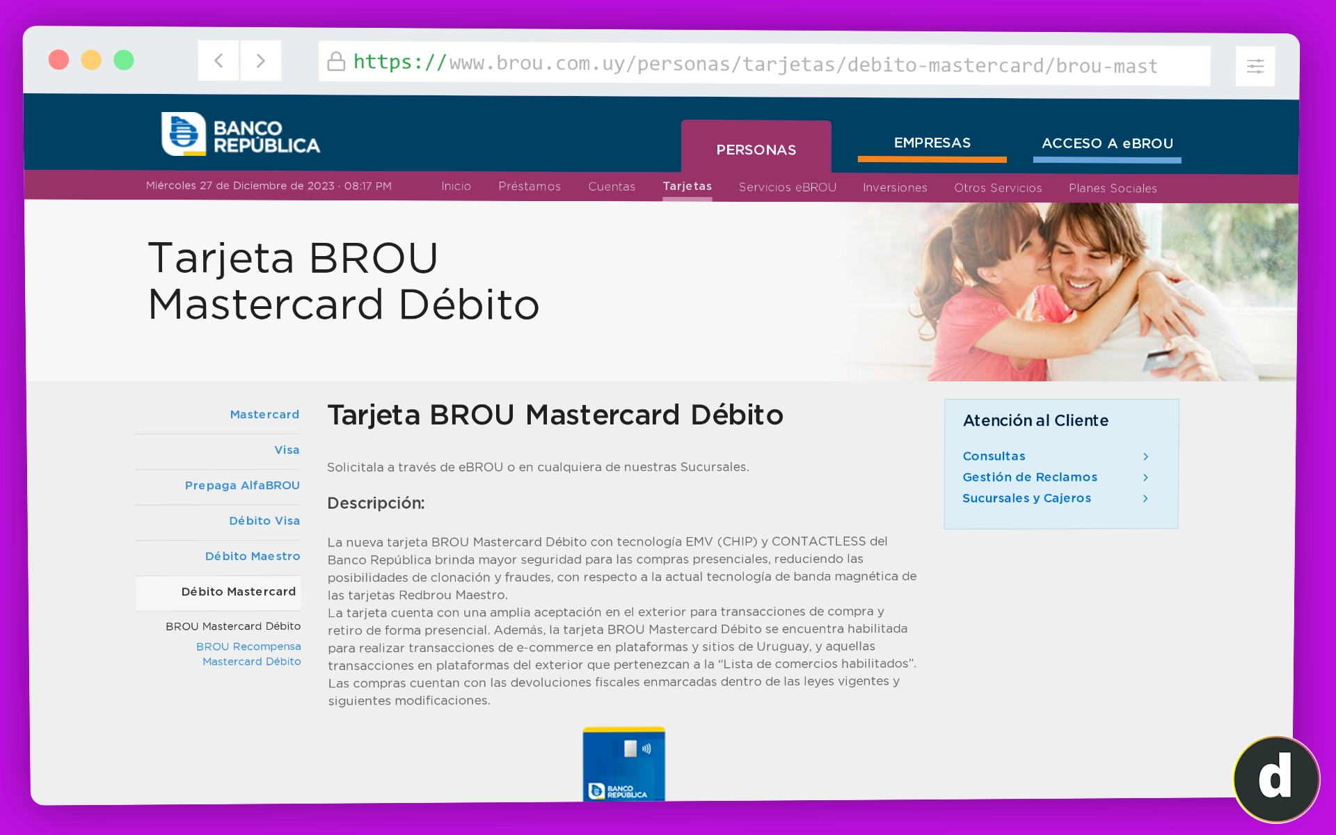 Página web del BROU para su tarjeta Mastercard Débito.