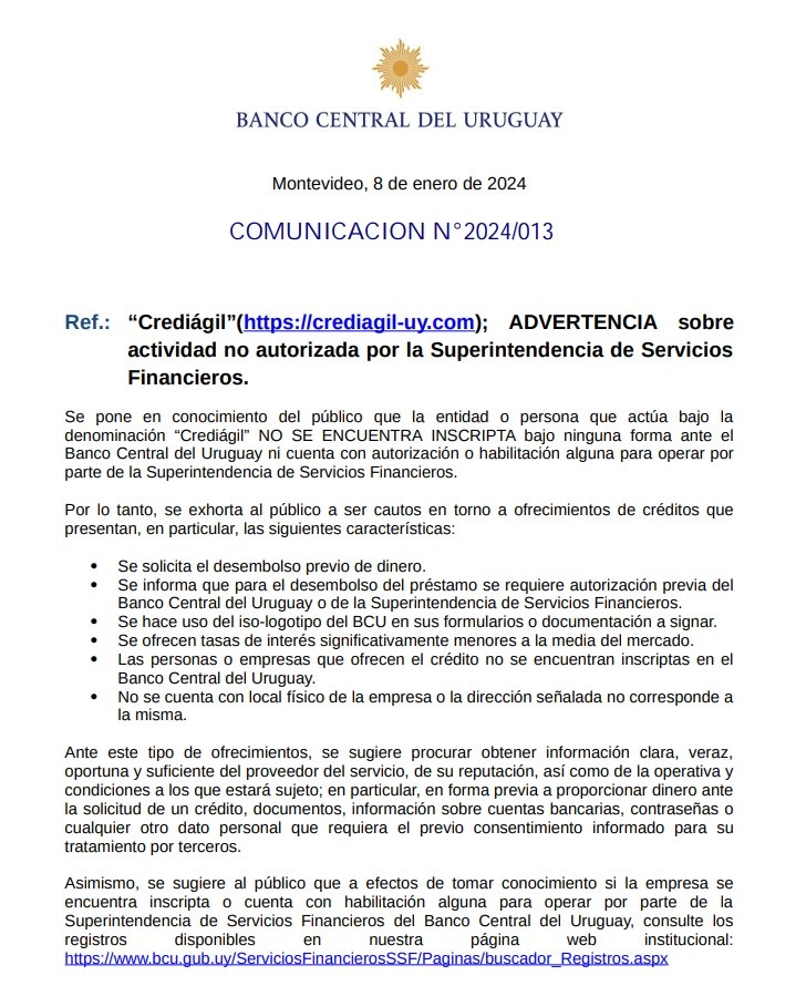 Alerta del Banco Central del Uruguay sobre operativa no autorizada de Crediagil.