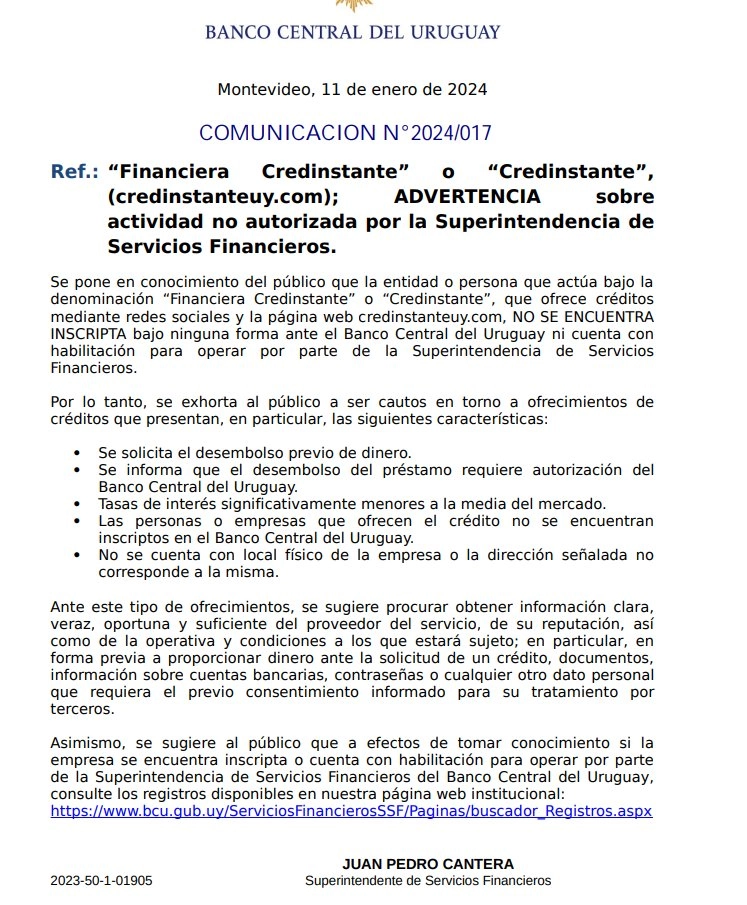 Comunicado del BCU sobre la Financiera Credinstante no habilitada para operar en Uruguay.