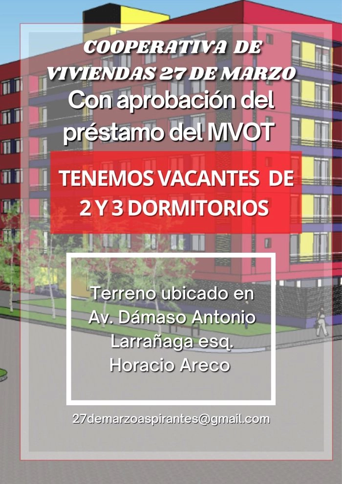 Cooperativa «27 de Marzo» convoca a aspirantes para acceder a viviendas de 2 y 3 dormitorios.