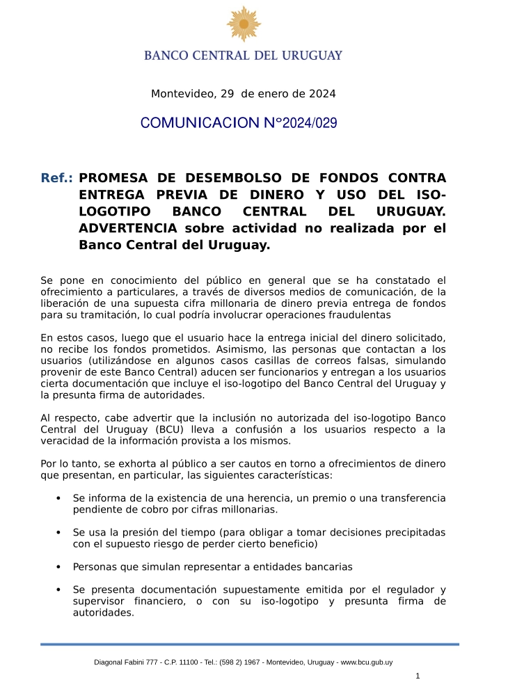 Comunicado oficial del Banco Central del Uruguay.
